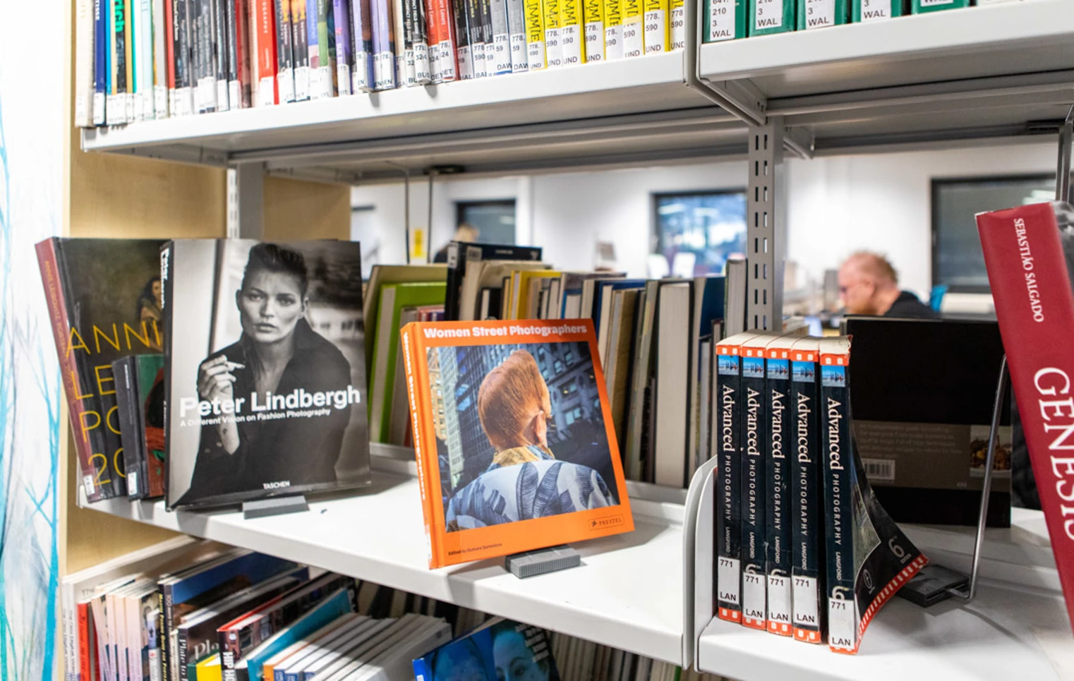Close-up of photography books on display in the Easterhouse campus library at Glasgow Kelvin College, including titles like Peter Lindbergh and Women Street Photographers. Close-up of photography books on display in the Easterhouse campus library at Glasgow Kelvin College, including titles like Peter Lindbergh and Women Street Photographers.