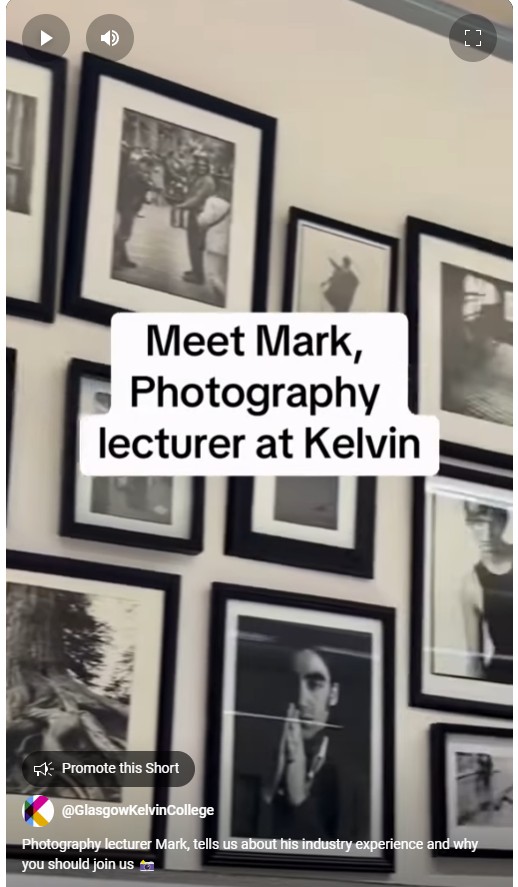 Framed black and white photographs on a gallery wall with text introducing Mark, a photography lecturer at Kelvin.