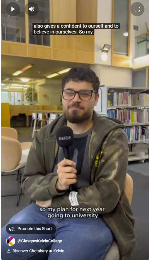Muhammed, an HNC Applied Science student at Glasgow Kelvin College, speaks into a microphone while seated in the library, sharing his study experience.