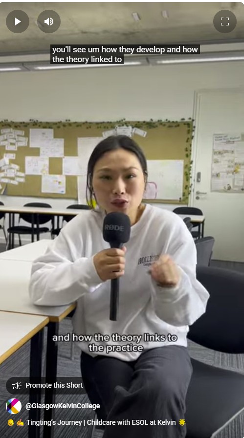 Tingting, a former Childcare with ESOL student at Glasgow Kelvin College, sits in a classroom holding a microphone and sharing her experience on the course.