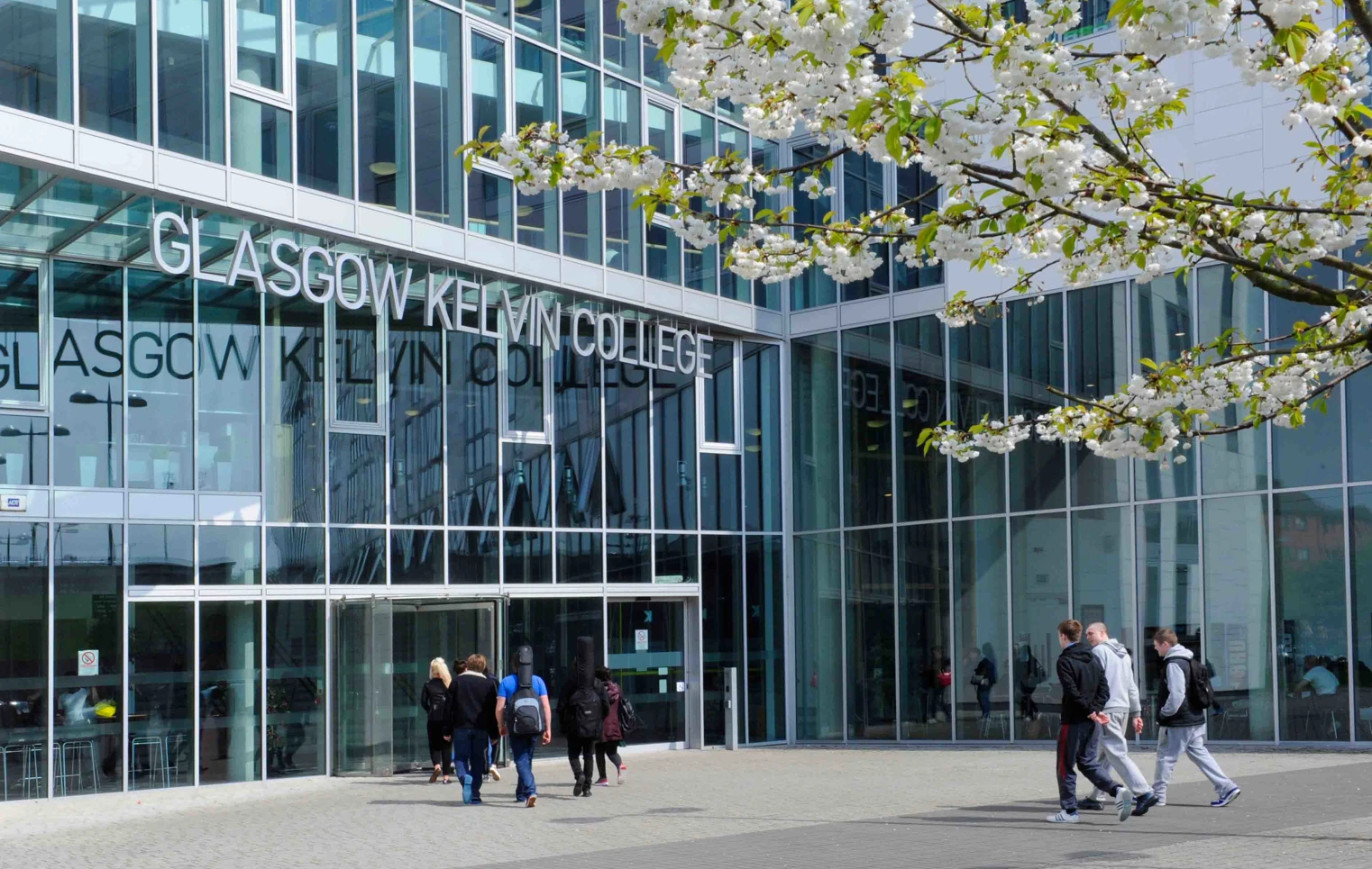 Front view of Glasgow Kelvin College Springburn Campus, featuring the main entrance, glass façade, and campus signage. Front view of Glasgow Kelvin College Springburn Campus, featuring the main entrance, glass façade, and campus signage.