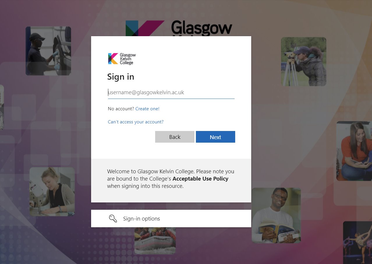 Glasgow Kelvin College login screen prompting users to sign in with their college email address, with background images of students and college activities.