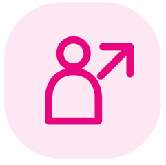 Pink person with an arrow pointing upwards and to the right representing leading.