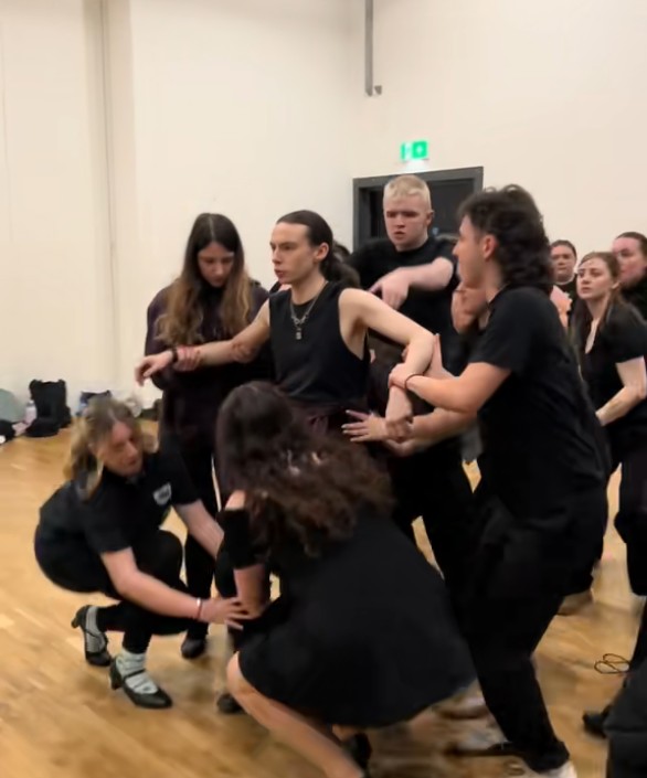 HND Musical Theatre students rehearsing a dramatic ensemble scene for “35mm” in a studio at Glasgow Kelvin College.
