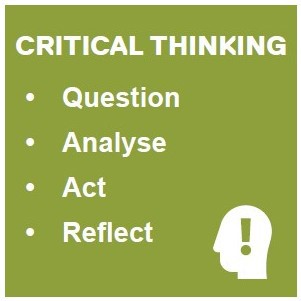 Graphic highlighting Critical Thinking with the words Question, Analyse, Act and Reflect.