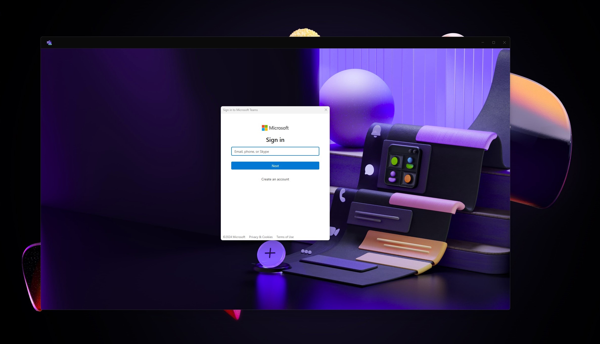 Microsoft Teams login window with a dark, stylised purple background featuring abstract 3D shapes and a prompt to sign in with an email, phone, or Skype account.
