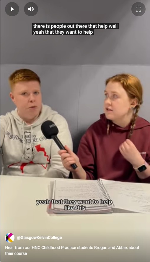 Two HNC Childhood Practice students from Glasgow Kelvin College, Brogan and Abbie, sitting together during an interview, holding a microphone and discussing their course.