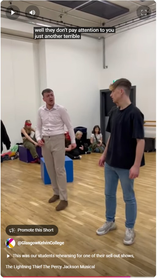 Students rehearsing energetic scenes from The Lightning Thief: The Percy Jackson Musical at Glasgow Kelvin College