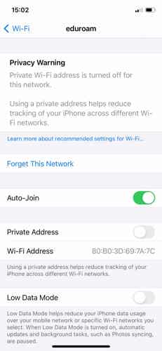Eduroam Privacy Warning screen on iOS Device