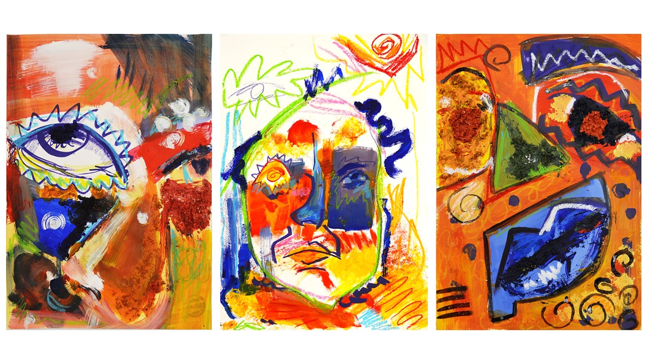 Three vibrant abstract portraits using bold colours and expressive brushstrokes.