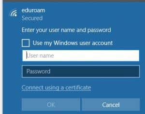 Eduroam Network Log In boxes for Username and Password