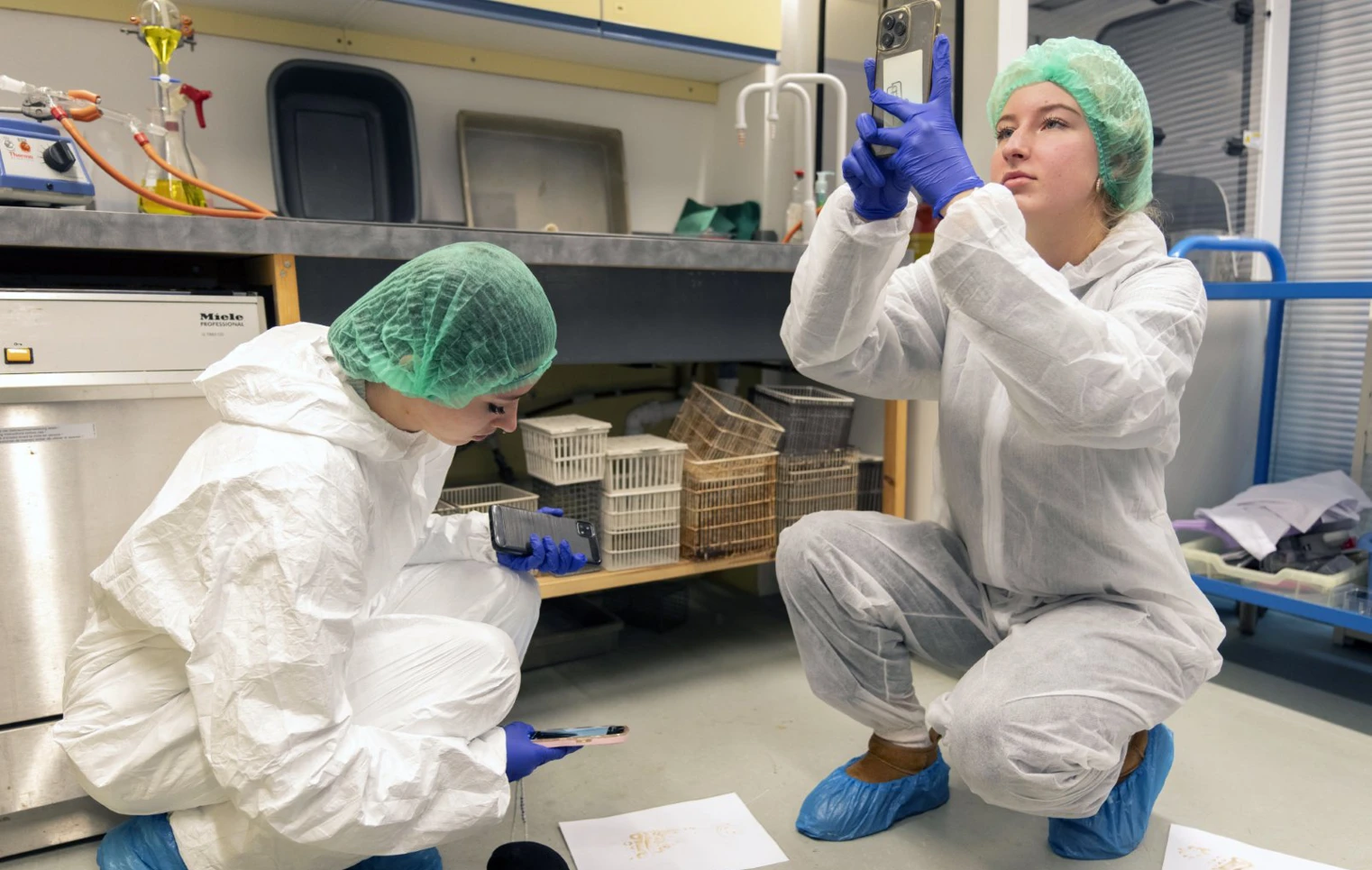 Students photograph and examine evidence on the lab floor during a hands-on forensic science class. Students photograph and examine evidence on the lab floor during a hands-on forensic science class.
