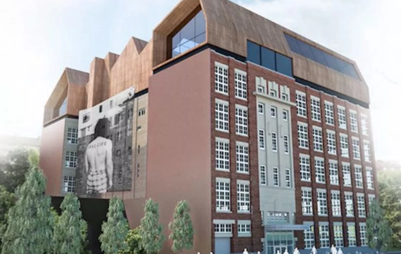 Architectural rendering of the redeveloped Stow Building, featuring a modern rooftop extension above the original red-brick façade and a large-scale wall mural. Architectural rendering of the redeveloped Stow Building, featuring a modern rooftop extension above the original red-brick façade and a large-scale wall mural.