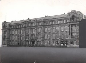 Black and white photograph of the original North Glasgow College building, showcasing its grand early 20th-century architectural style with ornate stonework and large sash windows.