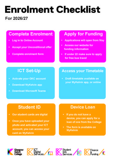 Glasgow Kelvin College enrolment checklist, highlighting steps for completing enrolment, applying for funding, ICT setup, accessing timetables, student ID setup, and laptop loan information.